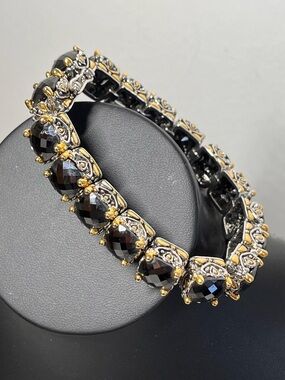 Park Lane JET BLACK Faceted CZ SIGNATURE Tennis Bracelet 7.5" Silver/Gold-tone